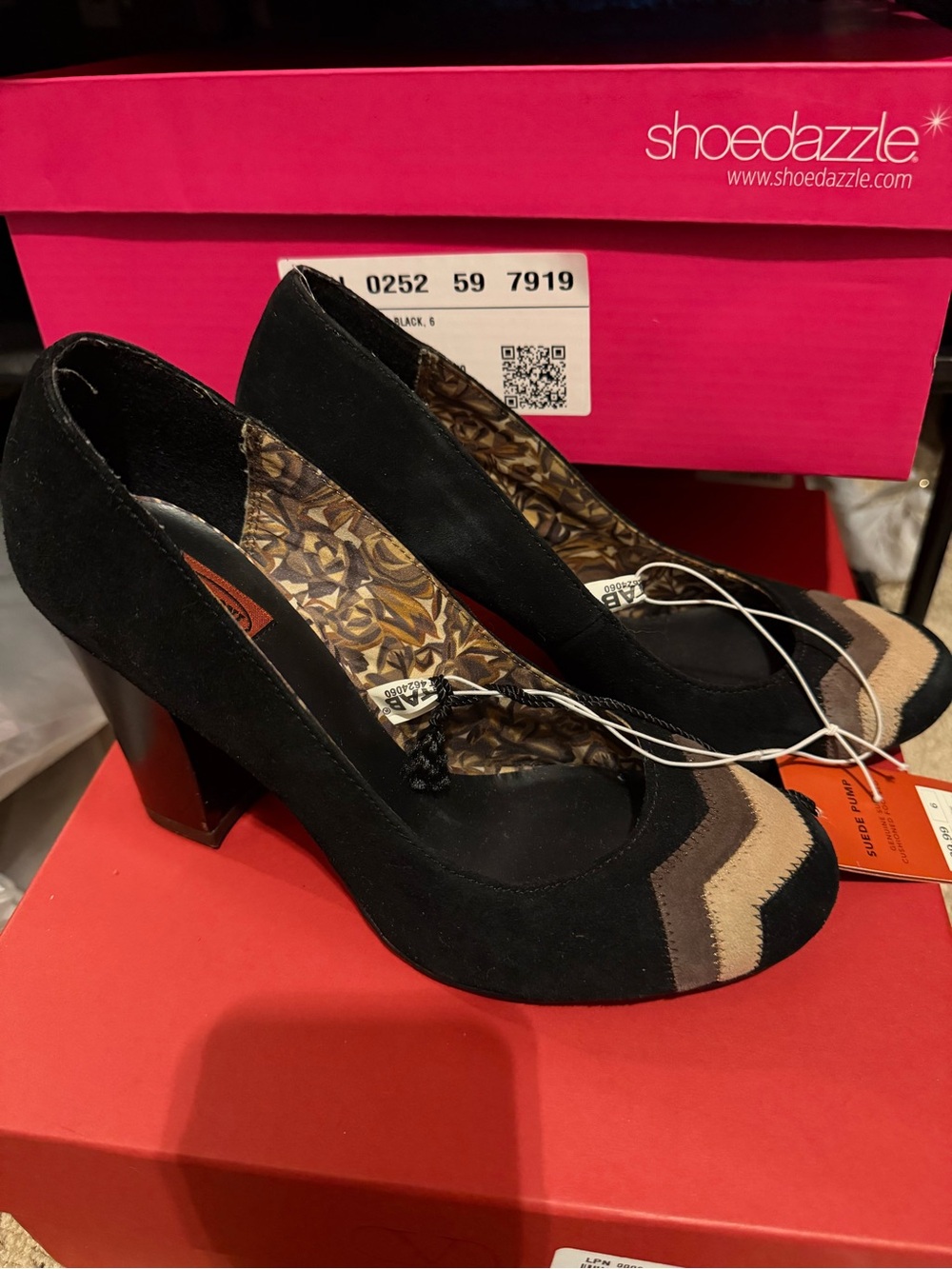 Missoni Black Suede Block Heel Pumps with Taupe Chevron Toe